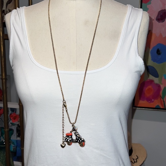 Betsey Johnson Mod Black & Orange Scooter w/ Spinning Wheels Pendant Necklace - Picture 2 of 9